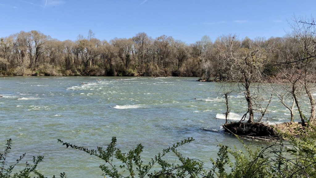 The Catawba River tumbles over gentle rapids beneath a clear blue sky, a quiet highlight of a walk along the Carolina Thread Trail.