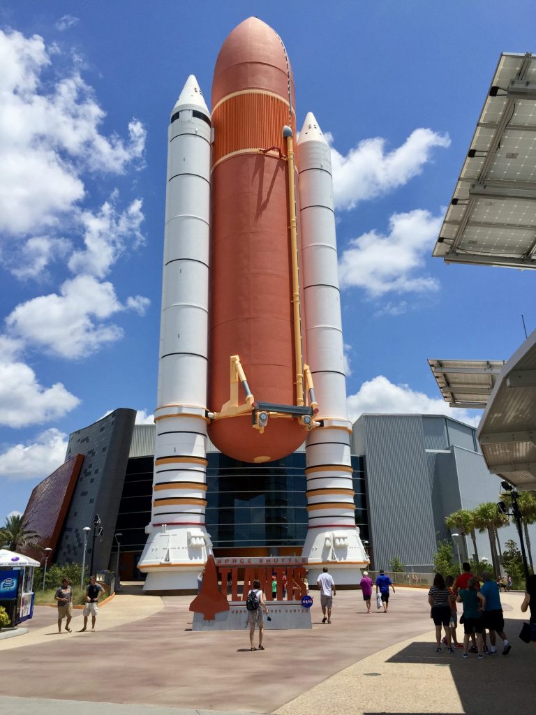 Space Shuttle external tank and solid rocket boosters at Kennedy Space Center