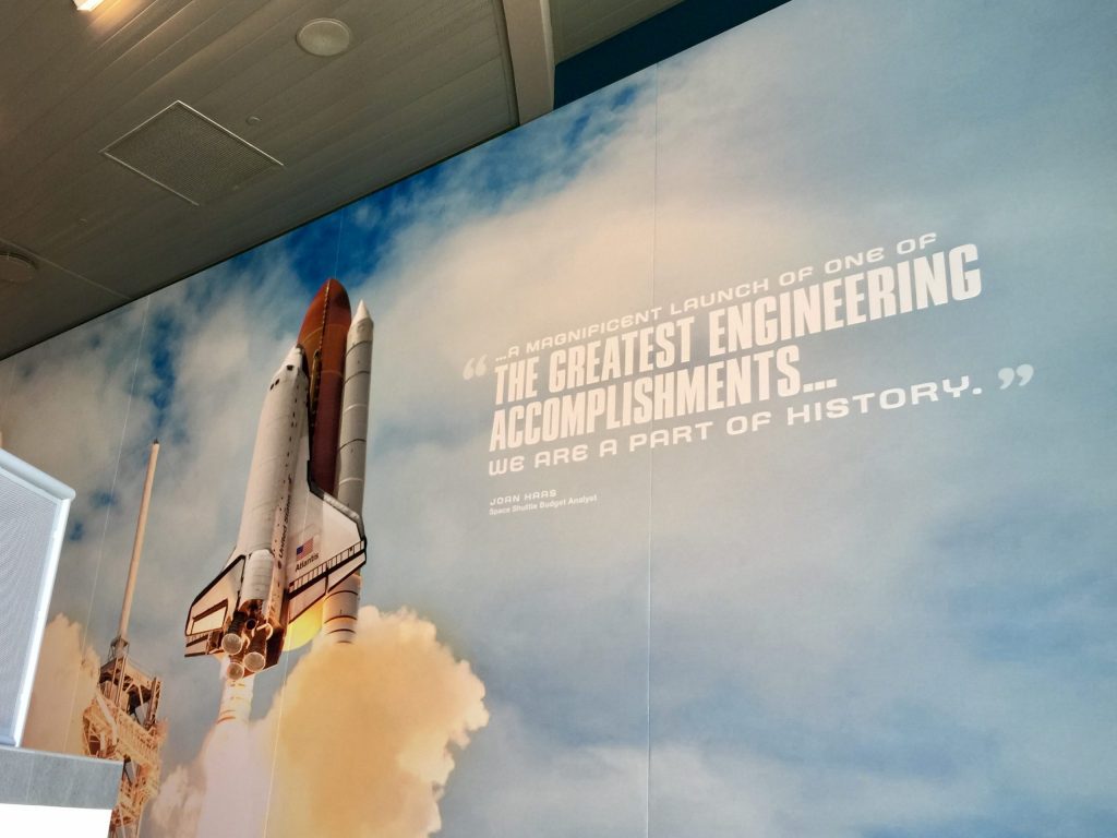 Space Shuttle launch tribute mural at Kennedy Space Center, Florida