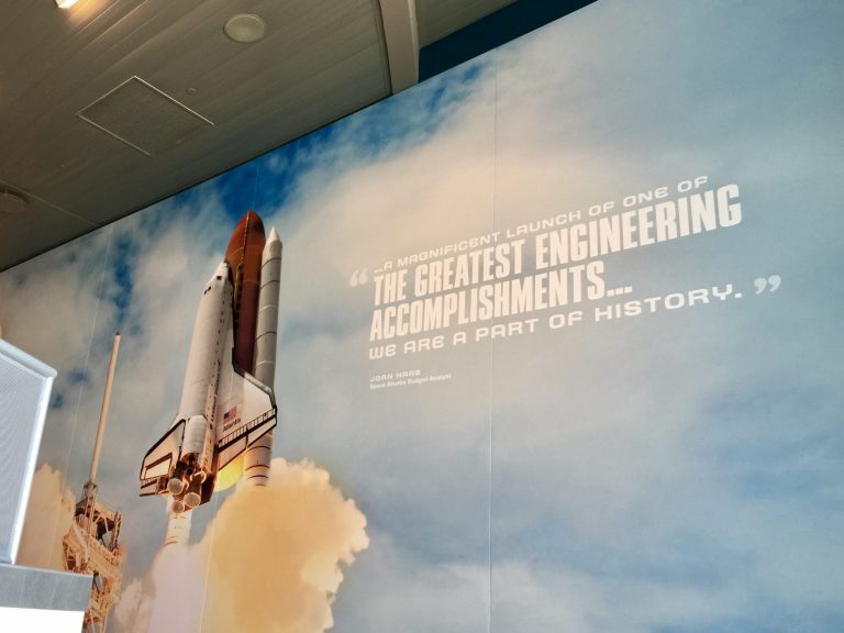 Space Shuttle launch tribute mural at Kennedy Space Center, Florida