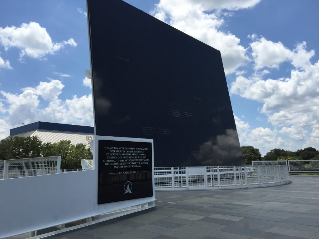 Side view of the Space Mirror Memorial at Kennedy Space Center, Florida
