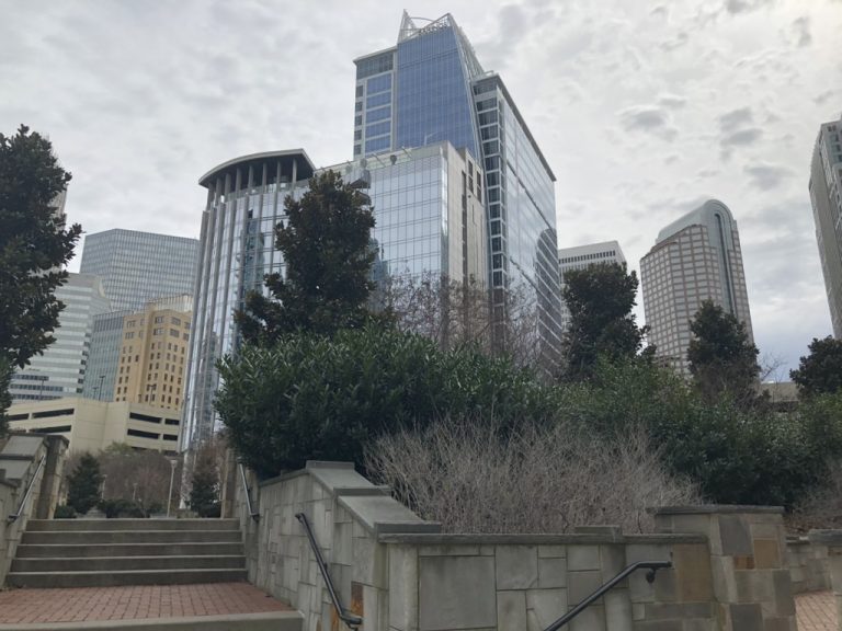 Charlotte uptown towers seen from a park overlook