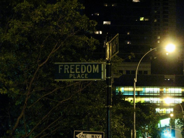 The Freedom Place street sign glows under a street lamp on Manhattan's West Side during July 4th weekend, 2009.