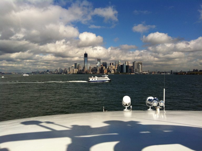 Lower Manhattan seen from a boat in New York Harbor.