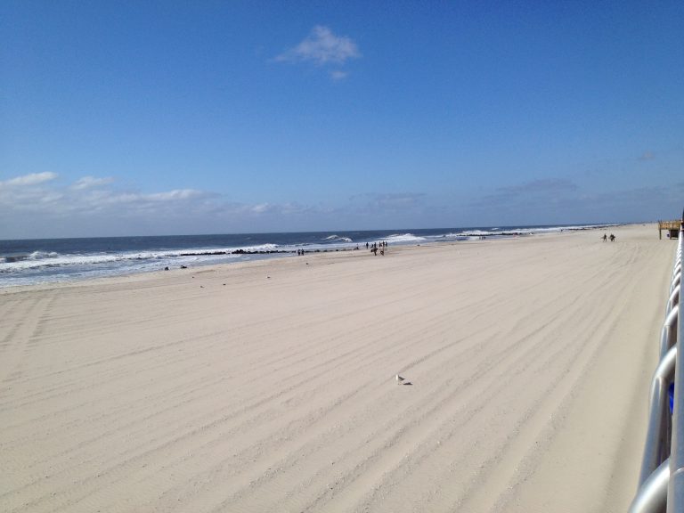 The gentle curve of the Long Beach shoreline on a clear October day.