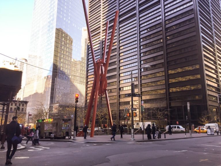 Mark di Suvero's Joie de Vivre towers over a corner of Zuccotti Park.
