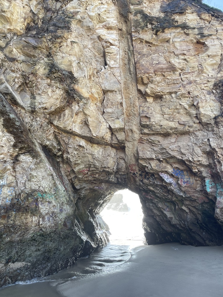 Graffiti-streaked walls of the sea cave
