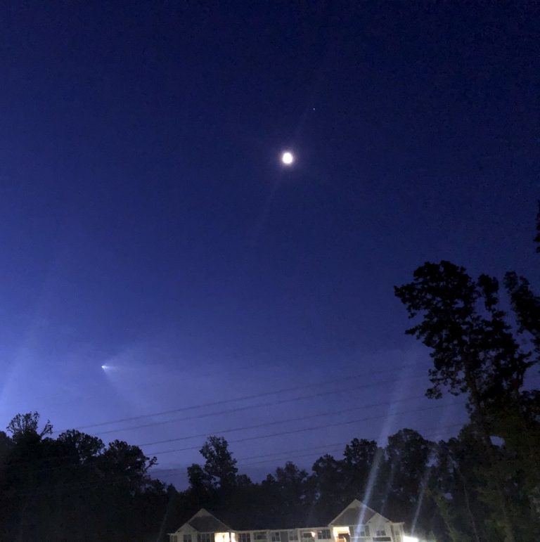 Moon, Mars, and a SpaceX launch over Charlotte before sunrise — June 13, 2020.