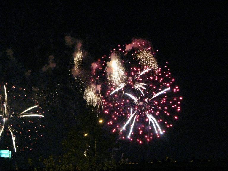 A brilliant burst of red, pink, and white fireworks illuminates the sky over the Hudson River during the Macy's 4th of July Fireworks show, New York City, 2009.