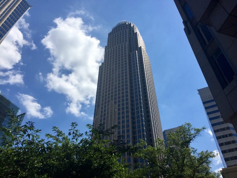 Looking straight up at the Bank of America Corporate Center.