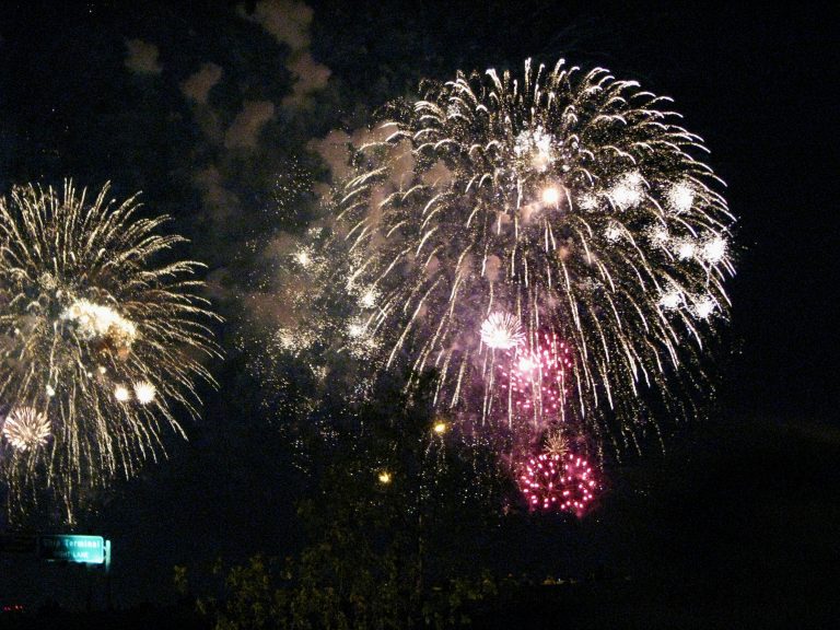 Three fireworks explode simultaneously over the Hudson River — gold, white, and pink — during the Macy's 4th of July Fireworks show, New York City, 2009.