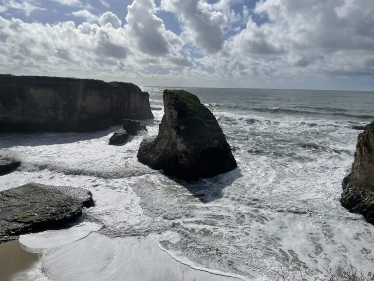 A closer look at Shark Fin Rock from the rocks