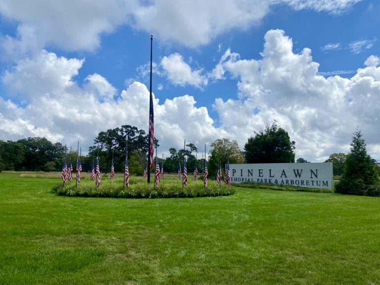 A ring of American flags stands at half-staff outside the entrance to Pinelawn Memorial Park on Patriot Day, September 11, 2023.