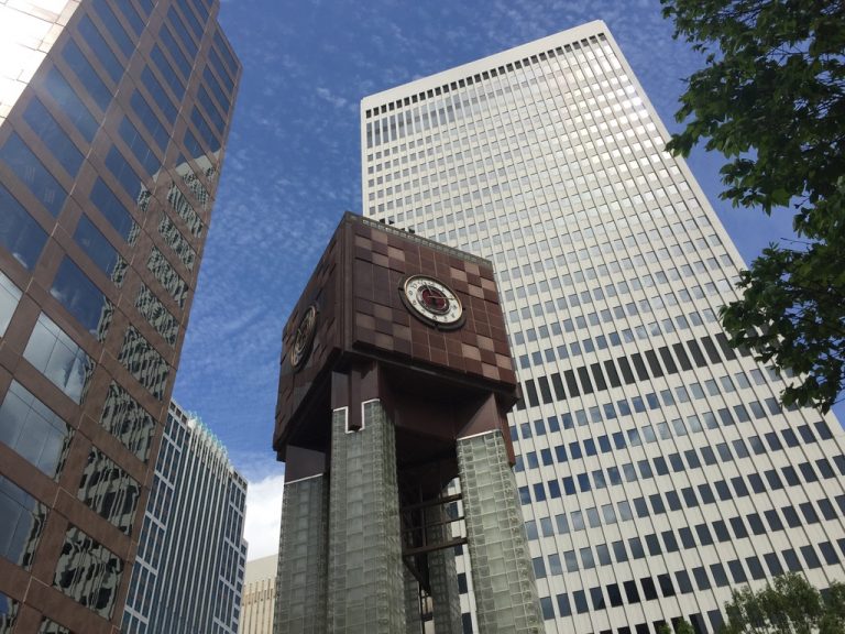 The landmark clock at The Square, where Trade and Tryon meet.