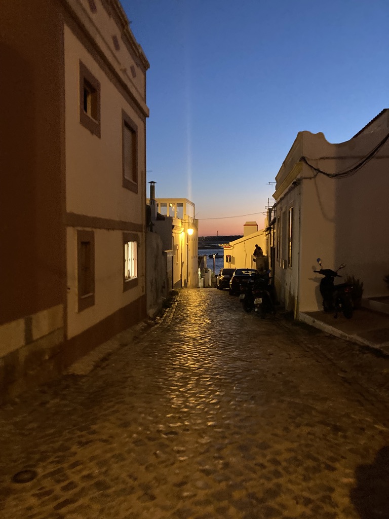 A village lane slipping down to the water