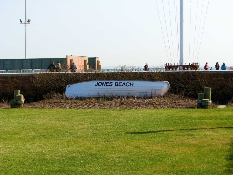 A retired Jones Beach lifeguard surfboat on display.