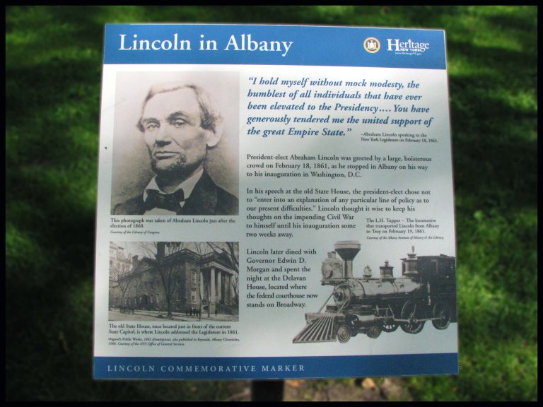 A historical marker commemorating Abraham Lincoln's visit to Albany in February 1861, on his way to his presidential inauguration.