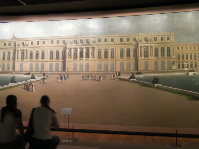 Visitors take in John Vanderlyn's 'Panoramic View of the Palace and Gardens of Versailles' (1818–19) — American Wing, The Met, 2009.