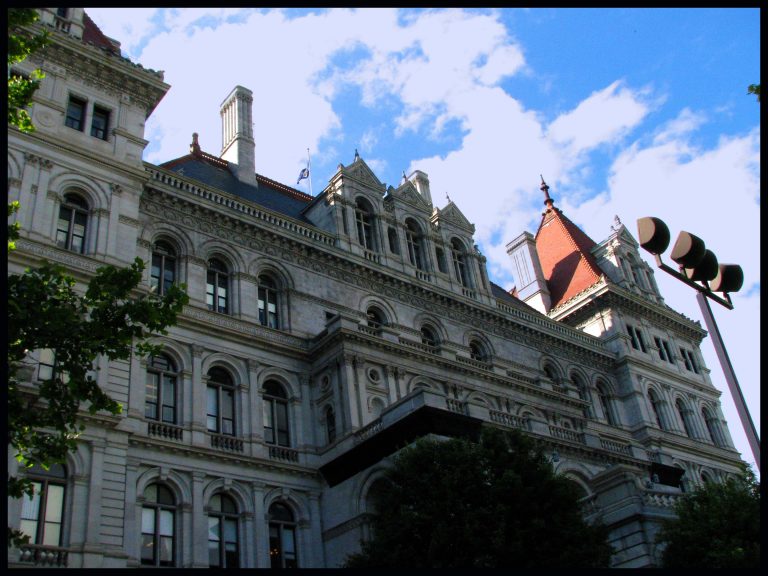An architectural close-up of the historic New York State Capitol building in Albany.