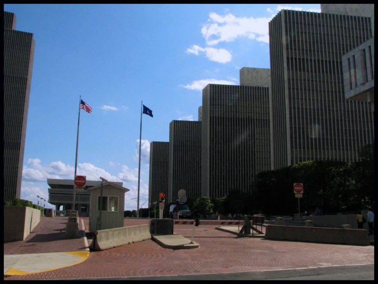 The four matching Agency Buildings rise side-by-side at Empire State Plaza in Albany.