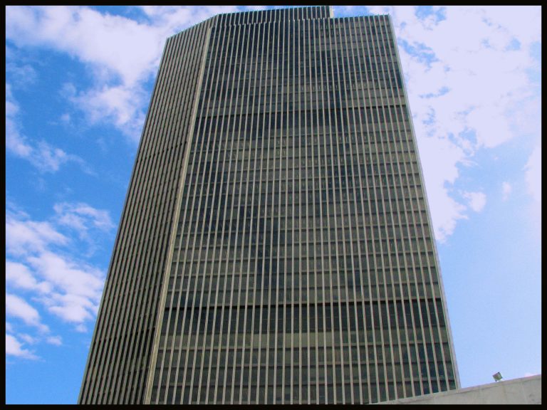Looking skyward at the Erastus Corning Tower, the tallest skyscraper in Albany.