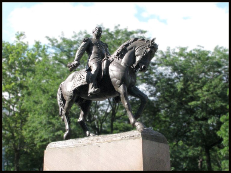 The equestrian statue of General Philip Sheridan stands proudly on the New York State Capitol grounds in Albany.