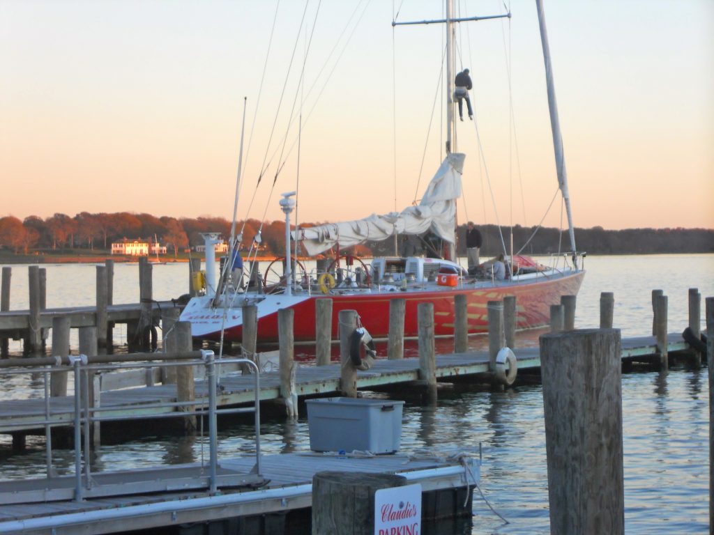 Kialoa V racing yacht docked at a marina on the North Fork of Long Island