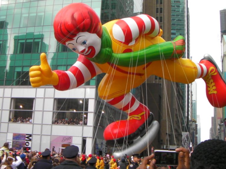 Ronald McDonald gives a thumbs up to spectators below — Macy's Thanksgiving Day Parade, New York City, 2009.