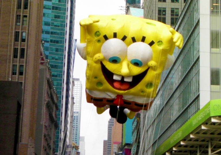 SpongeBob SquarePants beams over Midtown Manhattan — Macy's Thanksgiving Day Parade, New York City, 2009.