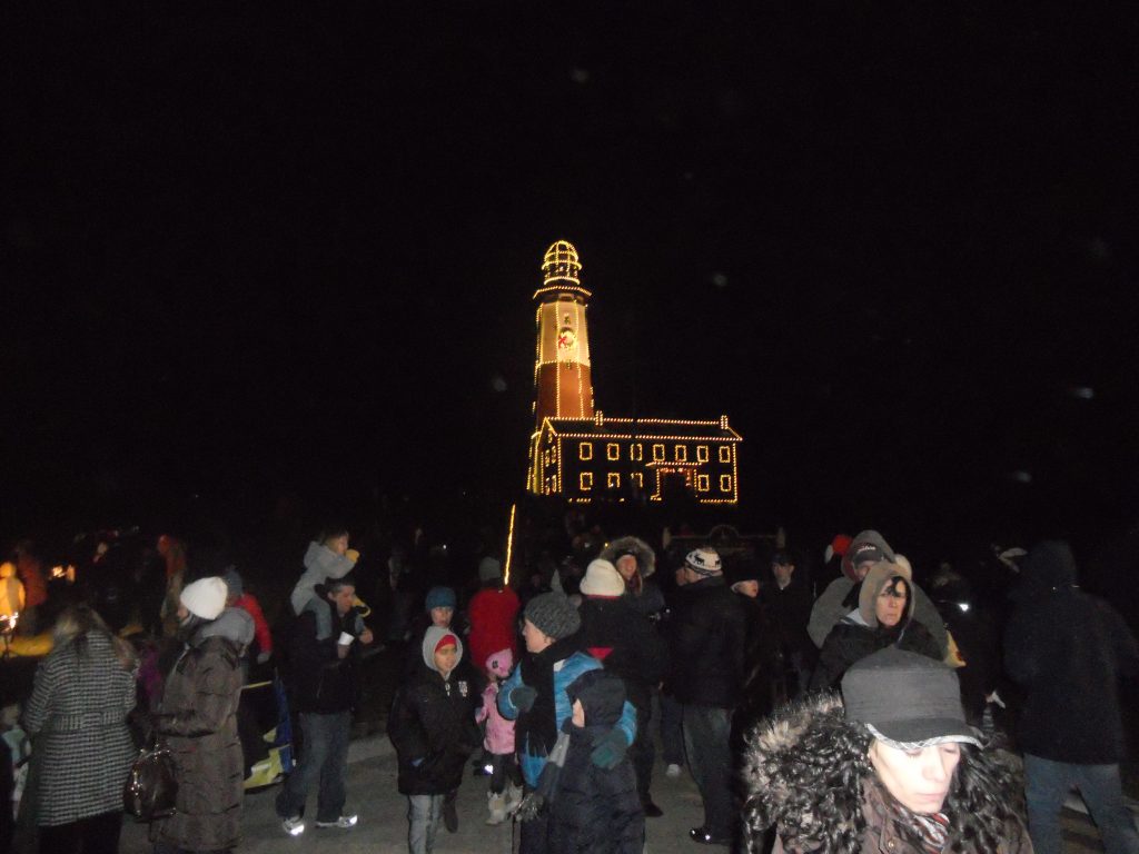 Montauk Point Lighthouse illuminated with Christmas lights