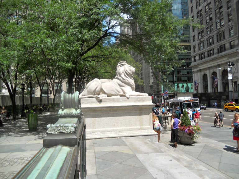"Patience," one of the two famous marble lion statues that guard the entrance of the Stephen A. Schwarzman Building of the New York Public Library on Fifth Avenue.
