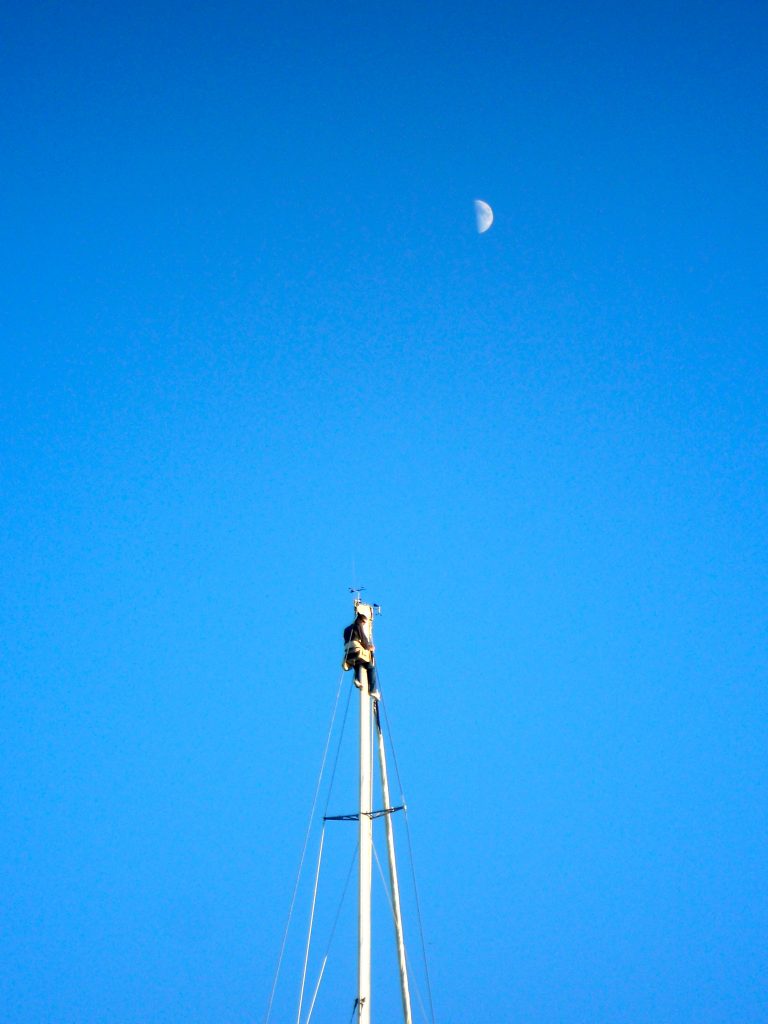 Crescent moon in a blue sky over the North Fork of Long Island