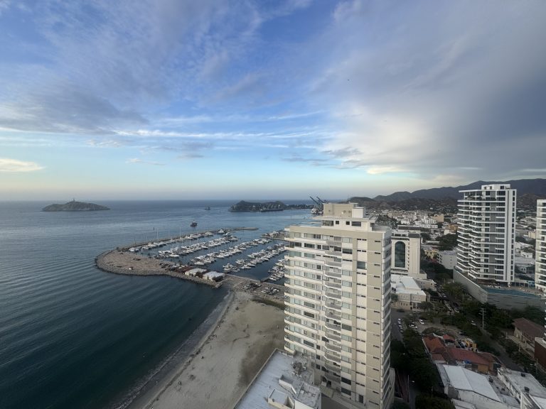 The full sweep of the bay — marina, island, and port
