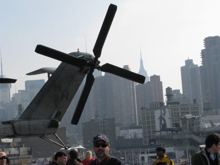 USS New York — Helicopter Tail Rotor Against the NYC Skyline