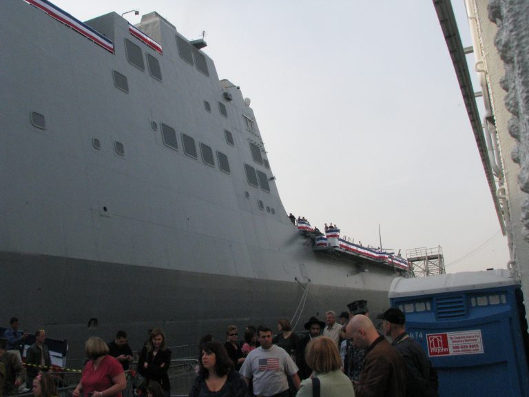 USS New York — Hull and Crowds at the Dock