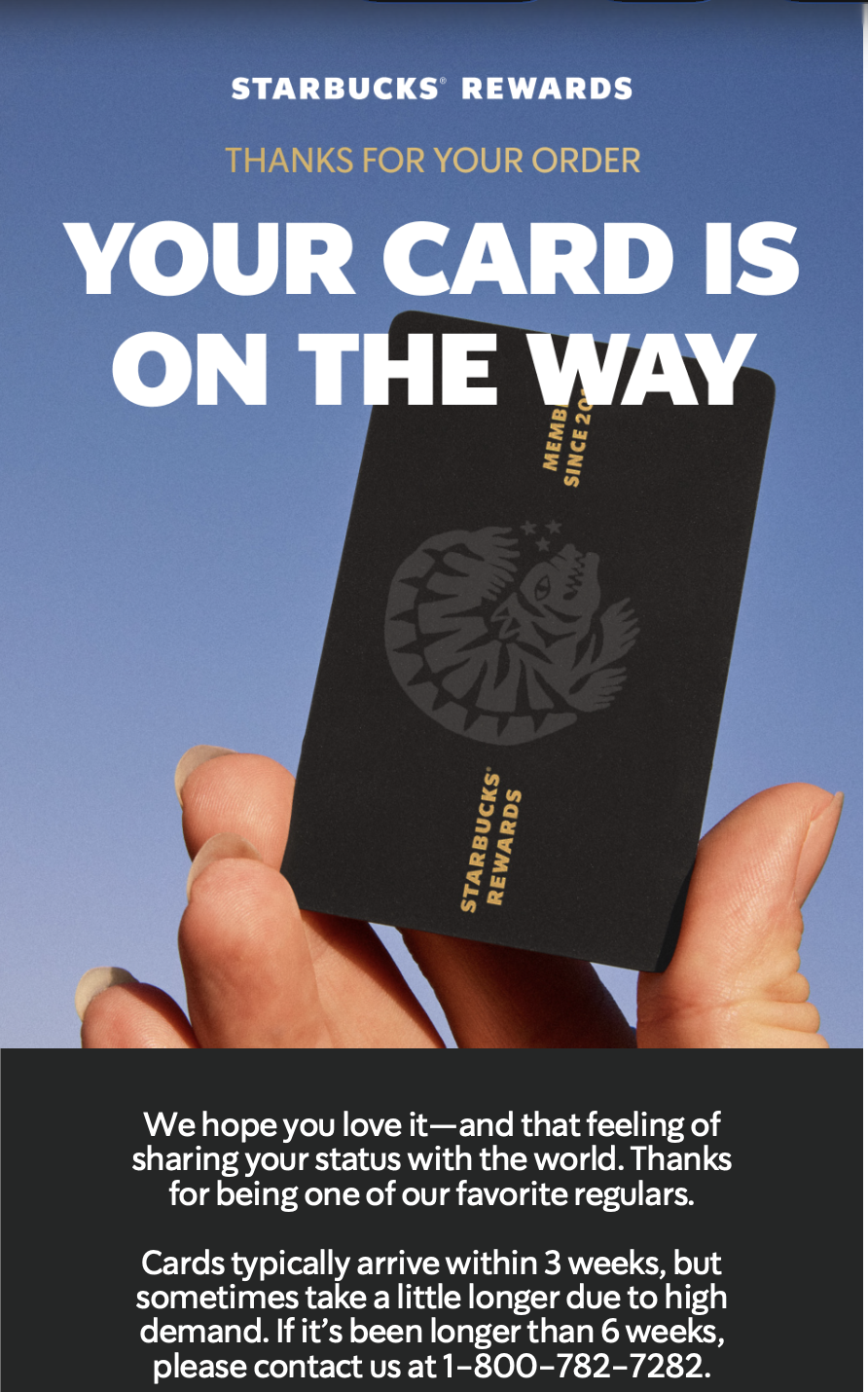 Starbucks Rewards email reading Your Card Is On The Way, showing a black Reserve card