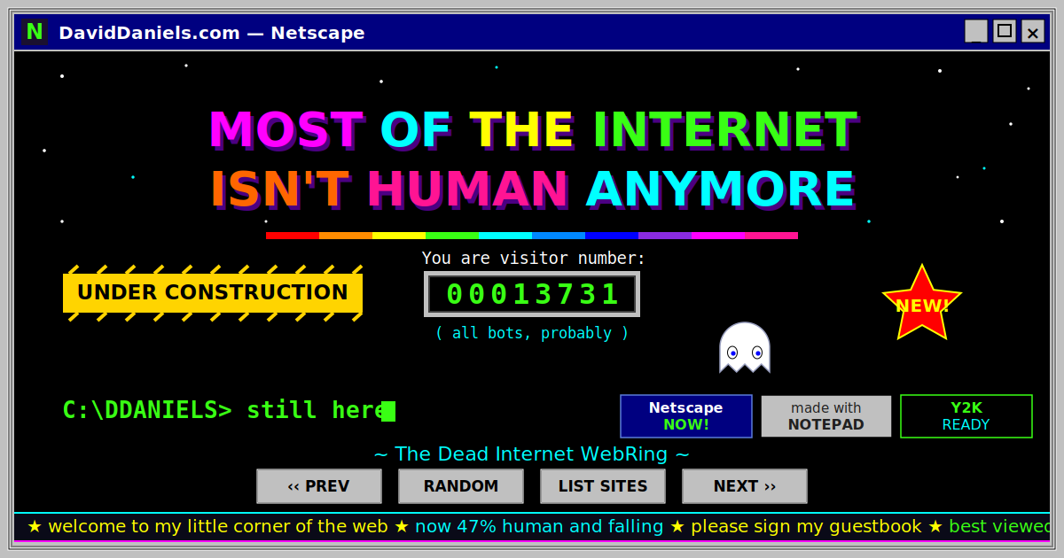 Retro GeoCities-style homepage illustrating the Dead Internet Theory, headlined Most of the Internet Isn't Human Anymore
